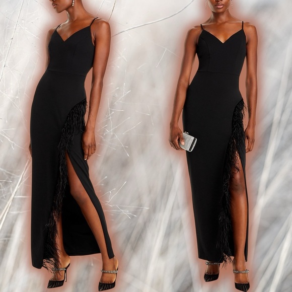 NWT Aqua ‘Slit Ostrich Feather Trim Evening Gown’ in Black Size 6 - Picture 1 of 16